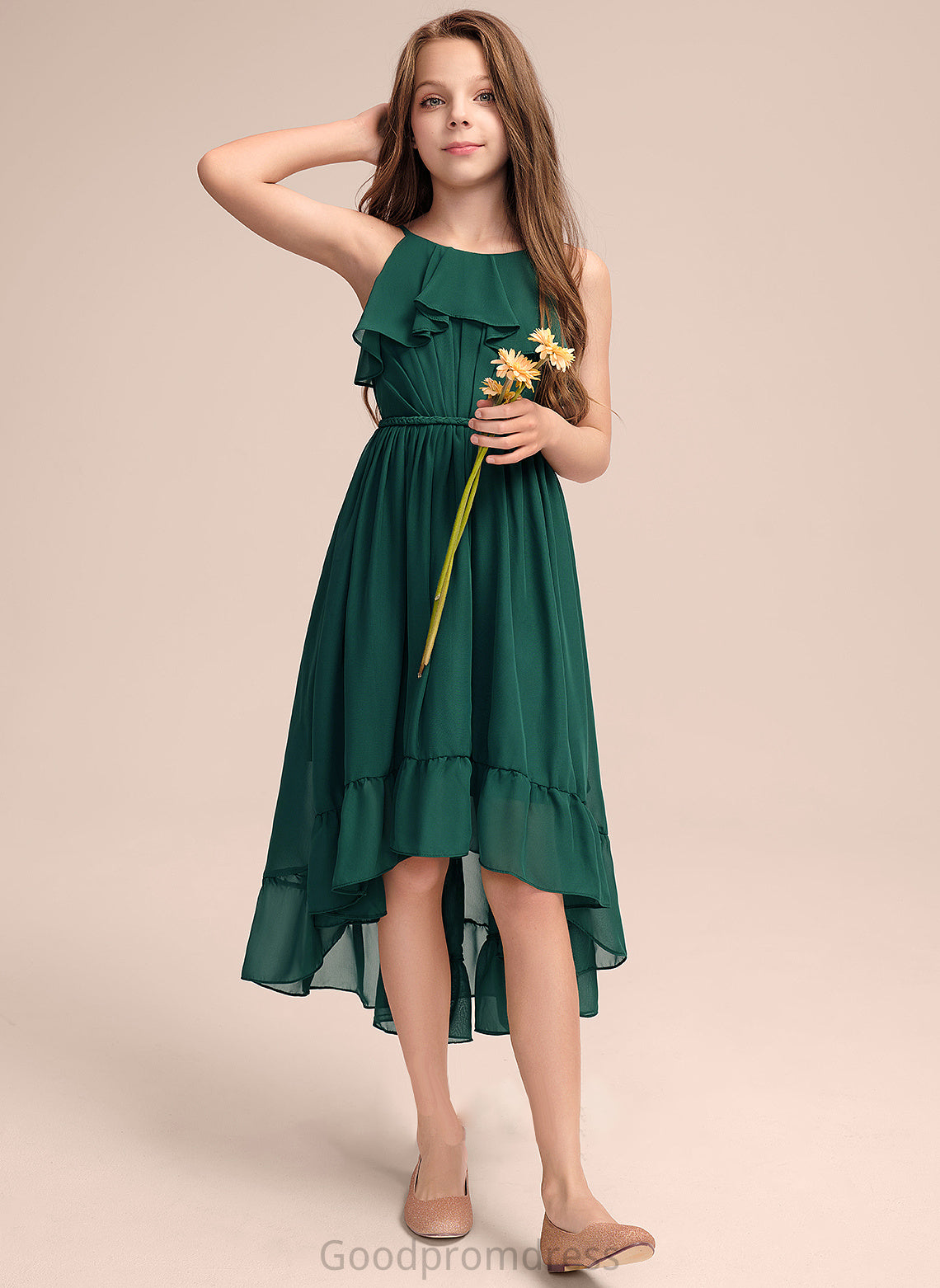 Chiffon Selena Scoop Ruffles Neck Asymmetrical With Cascading A-Line Junior Bridesmaid Dresses