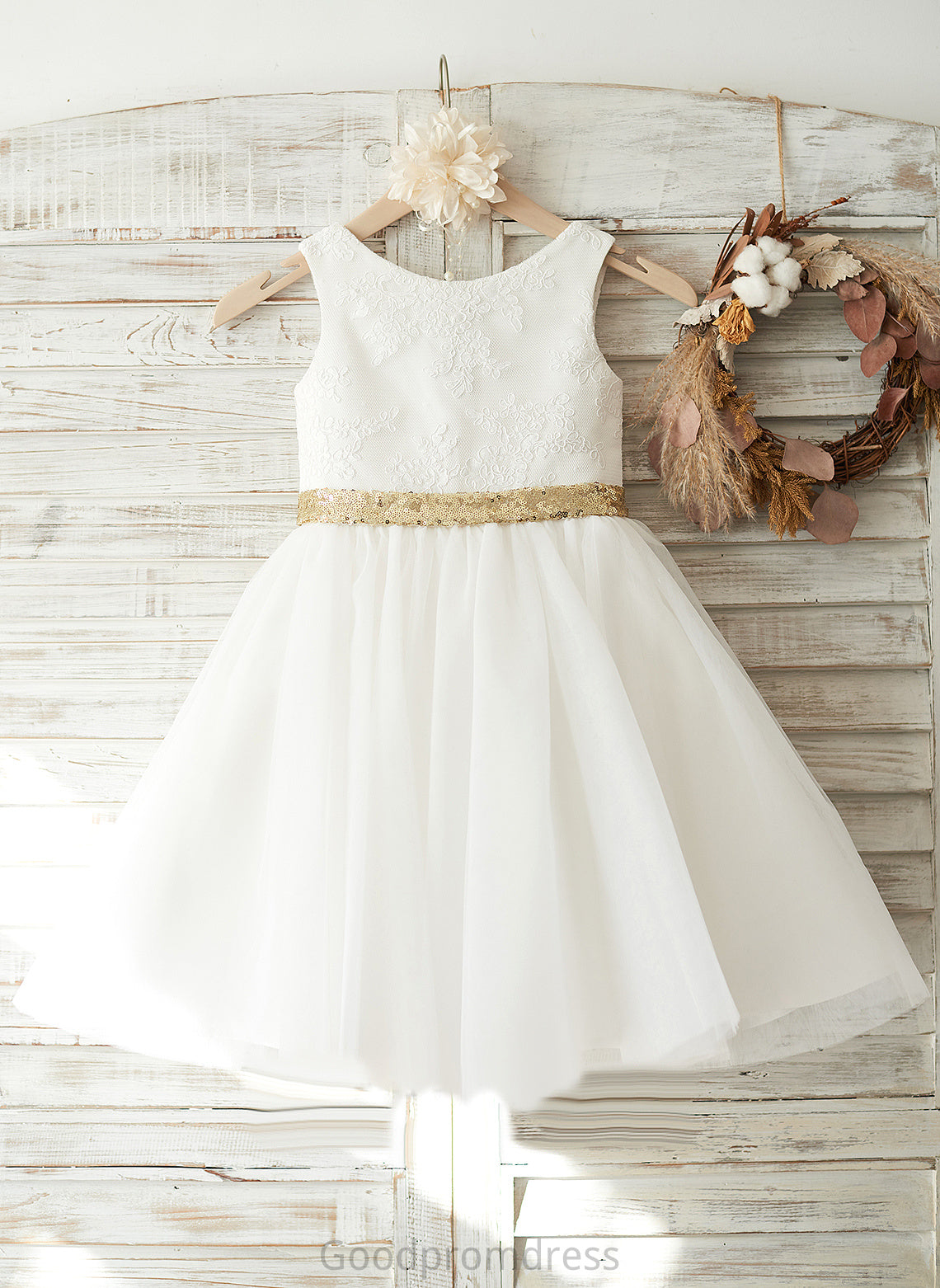 Flower Knee-length Adelyn A-Line - Neck With Girl Scoop Back Flower Girl Dresses Bow(s)/V Dress Tulle/Lace/Sequined Sleeveless