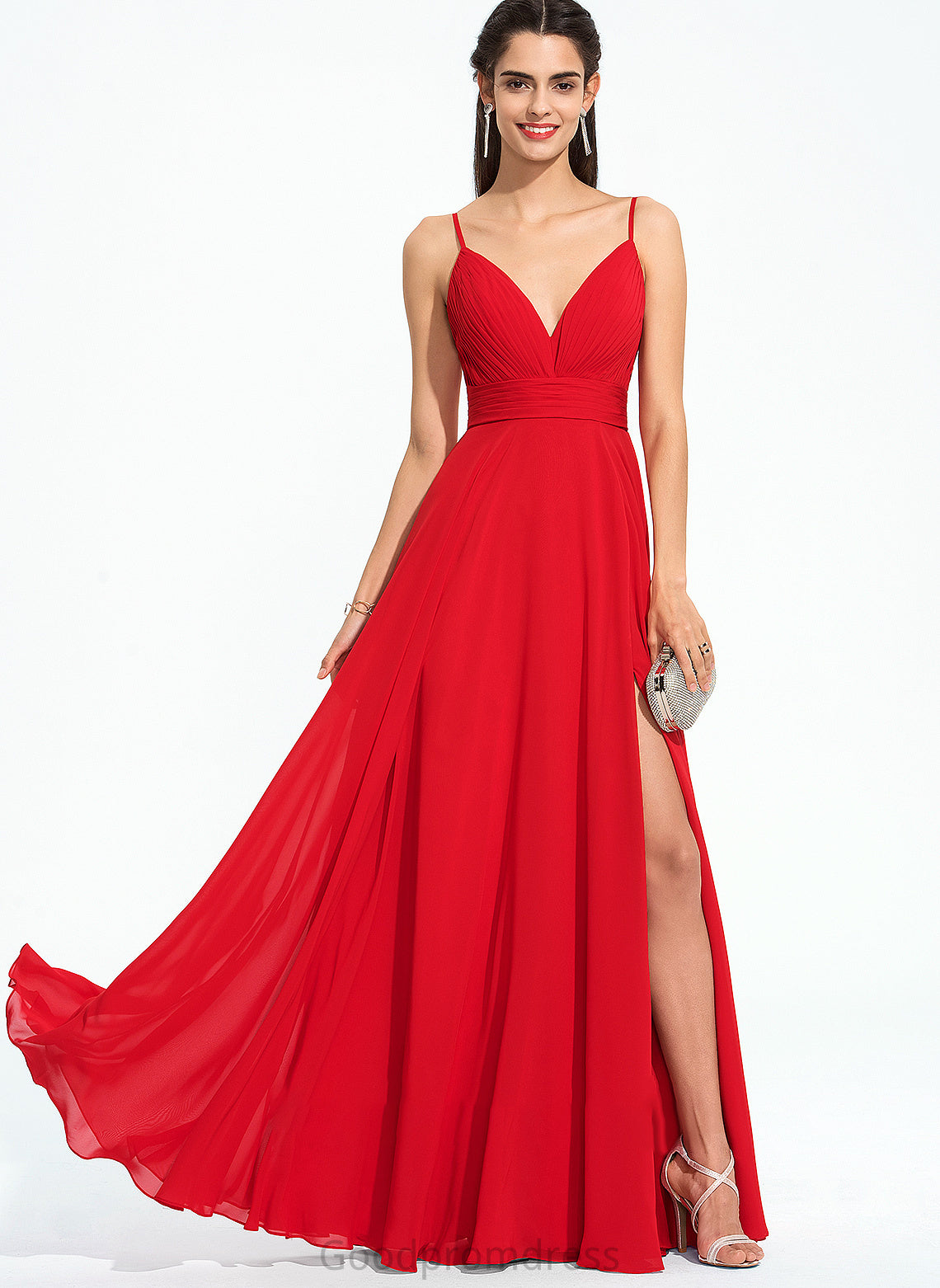 Hortensia Prom Dresses A-Line With Chiffon V-neck Floor-Length Split Ruffle Front