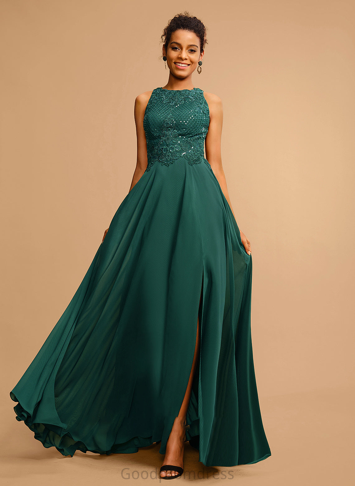 Scoop Prom Dresses Chiffon A-Line Front Lace Sequins Floor-Length With Split Nylah Neck