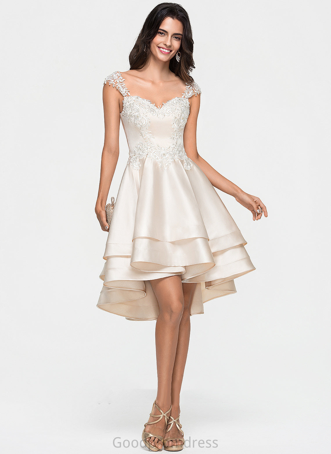 Satin Asymmetrical Lace Cascading With Homecoming Dresses Dress Quintina Ruffles Beading Homecoming Sweetheart A-Line