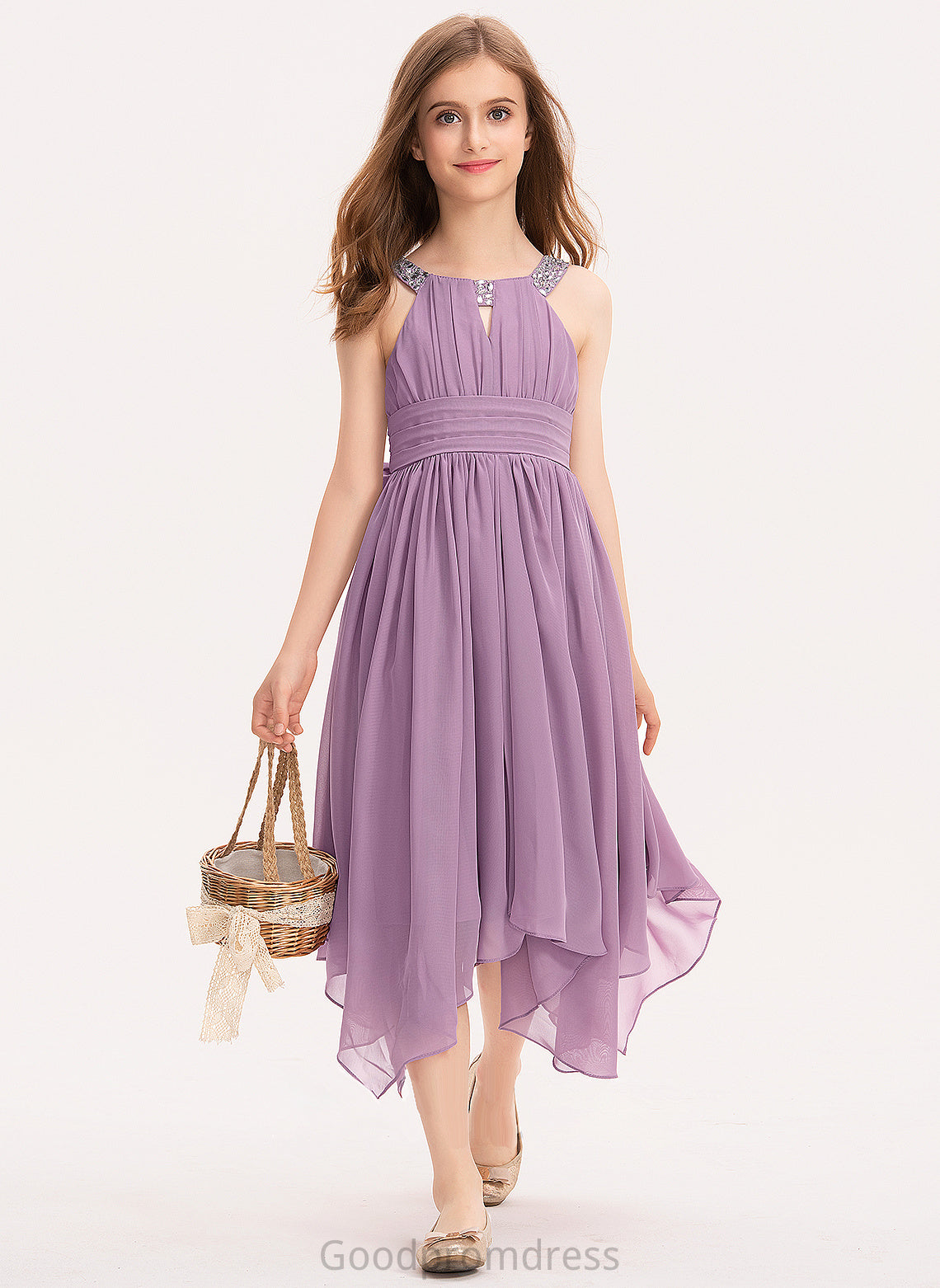 Ruffle Chiffon A-Line Beading With Junior Bridesmaid Dresses Neck Tea-Length Salma Scoop Bow(s)