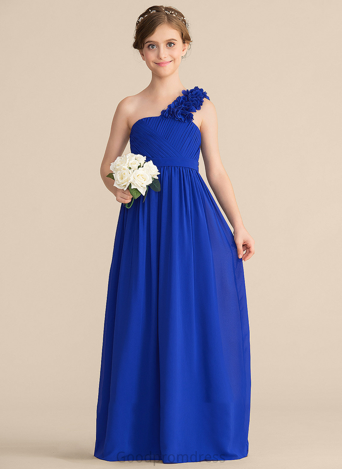 Irene Floor-Length Junior Bridesmaid Dresses A-Line With Chiffon One-Shoulder Flower(s) Ruffle