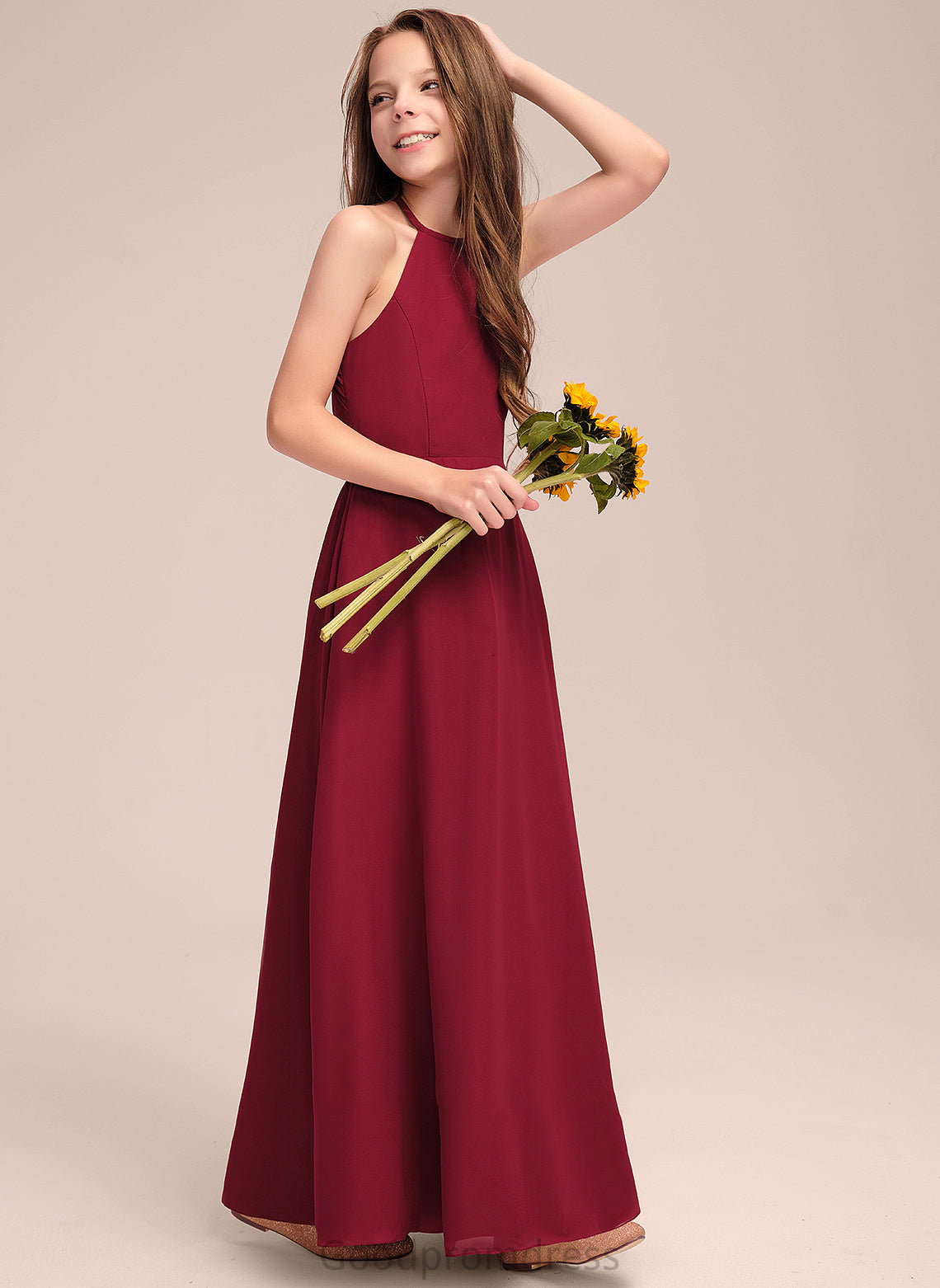 Junior Bridesmaid Dresses Neck A-Line Akira Chiffon Floor-Length Scoop