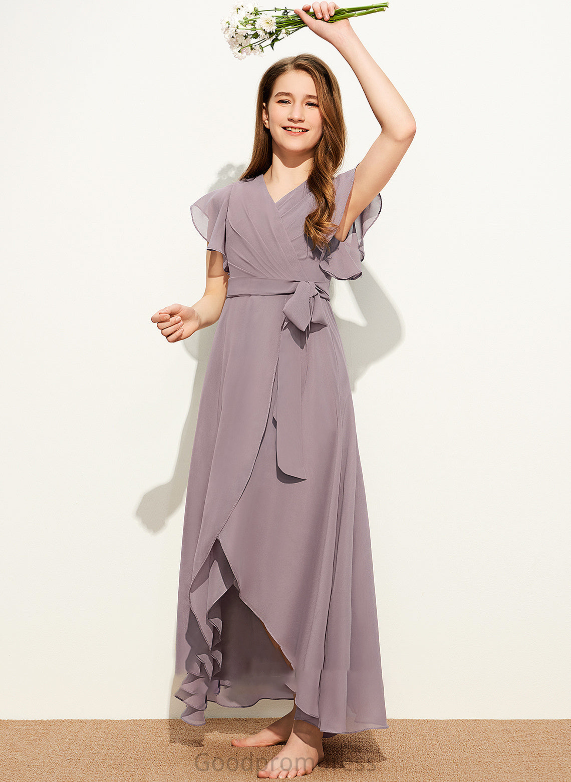 With Bow(s) Junior Bridesmaid Dresses Madalyn V-neck Chiffon Ruffle Asymmetrical A-Line