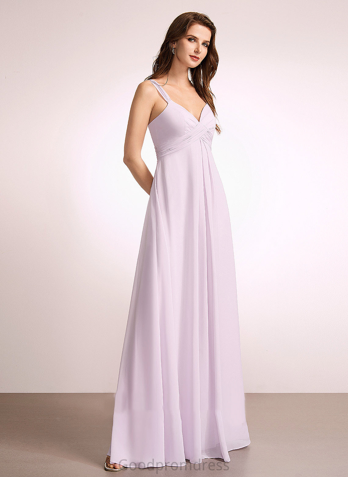 Length V-neck A-Line Floor-Length Fabric Neckline Silhouette Ruffle Embellishment Marissa Floor Length Sleeveless Bridesmaid Dresses