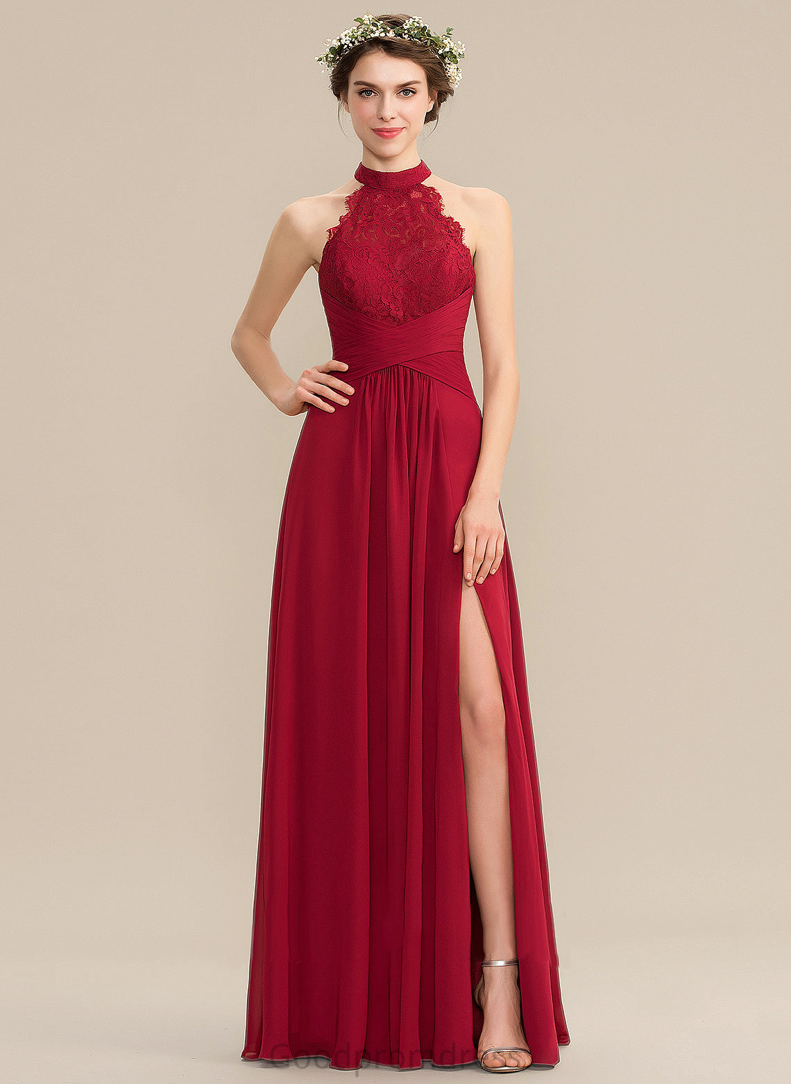 Lace Ruffle High Prom Dresses Front With Split Neck Annika A-Line Floor-Length Chiffon