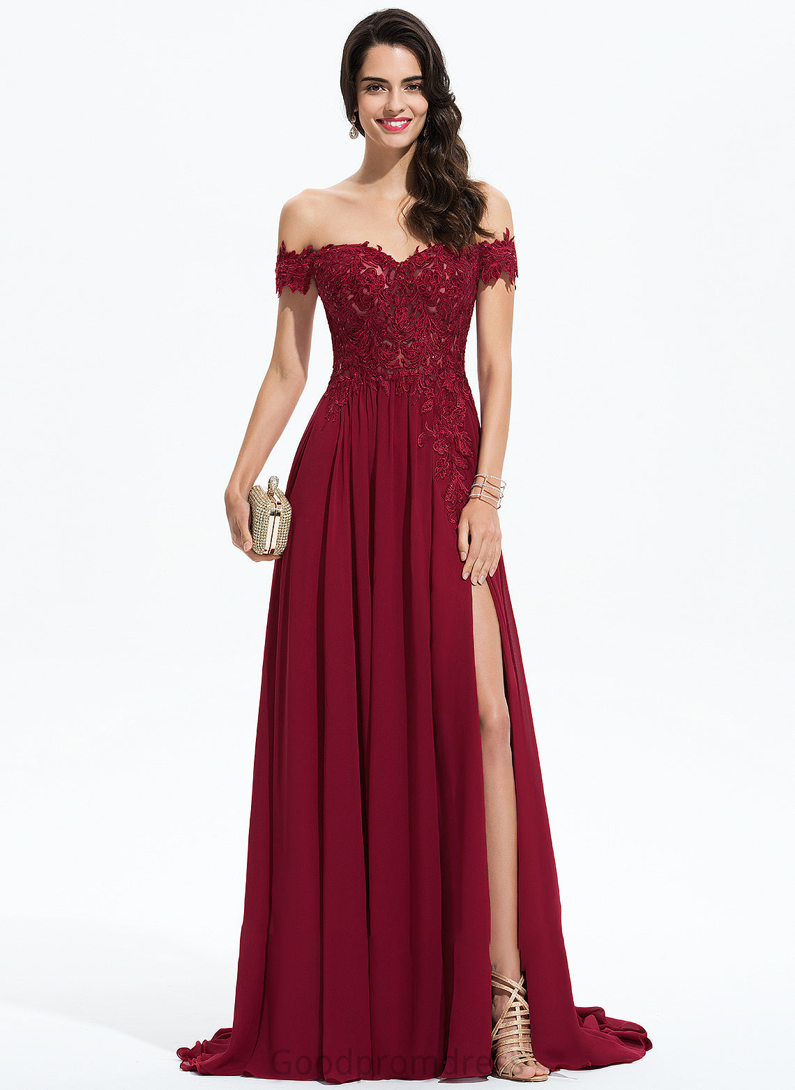 Nicky Sequins A-Line Prom Dresses Train Off-the-Shoulder With Chiffon Lace Sweep