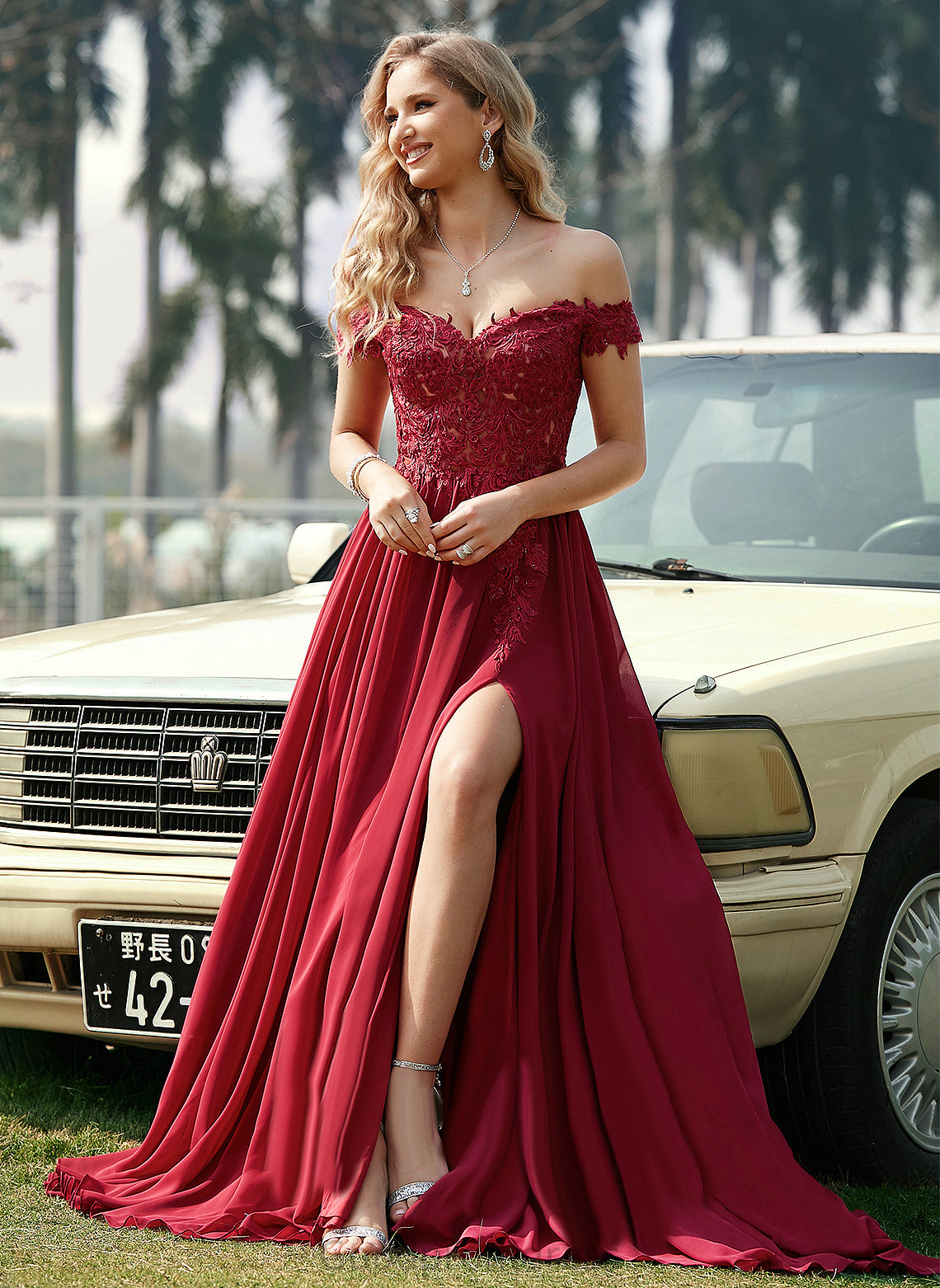 Off-the-Shoulder Kianna Prom Dresses Train Chiffon Sweep A-Line Lace Sequins With