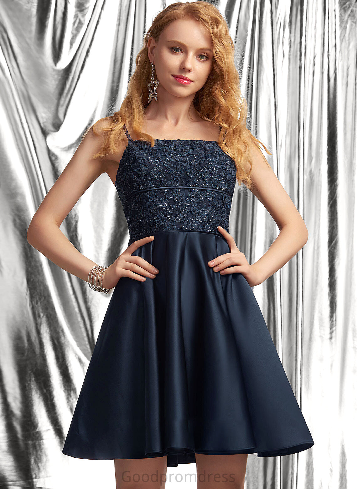 Lace Prom Dresses Satin Neckline Sequins Danica Short/Mini A-Line Square With