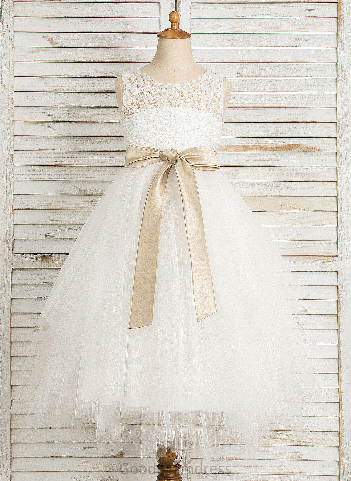 Tea-length Scoop Girl Dress A-Line/Princess Flower Girl Dresses Satin/Tulle/Lace With Flower Sash/Bow(s)/Back - Hole Neck Sleeveless Dayami