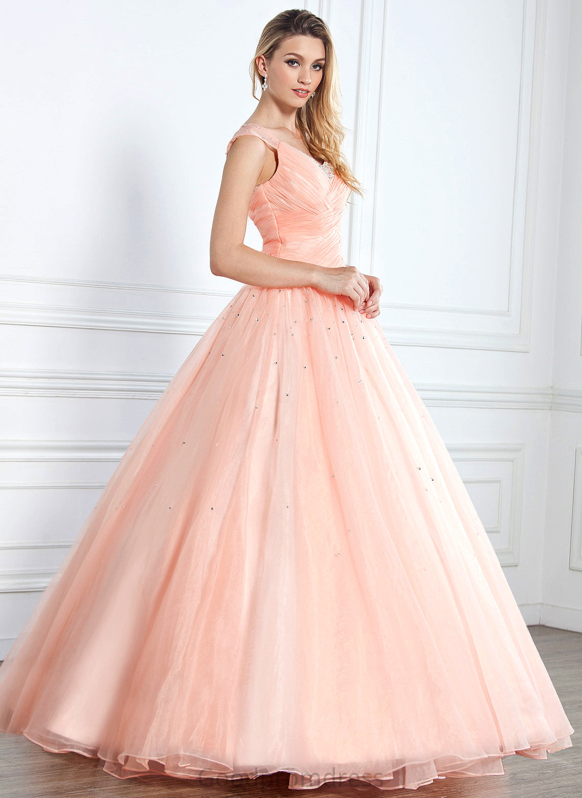 Floor-Length V-neck Prom Dresses Ruffle Sequins Charlize Ball-Gown/Princess Beading Organza With