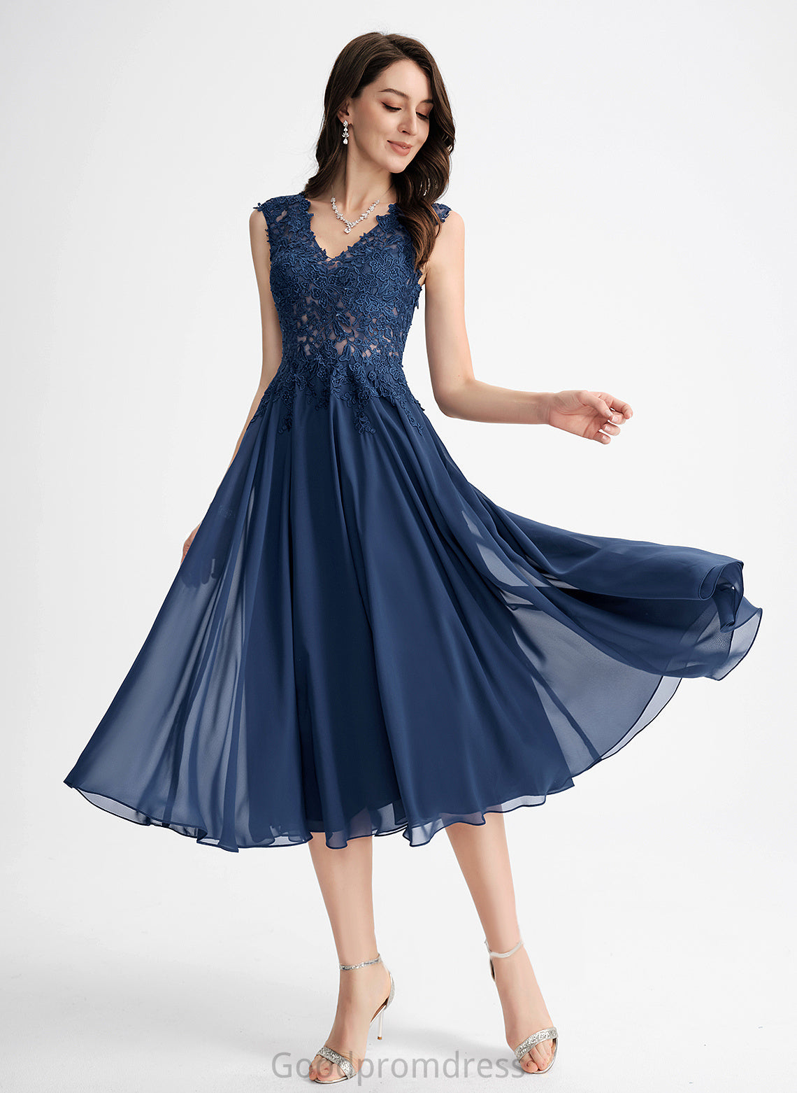 A-Line Cocktail Cocktail Dresses Lace Itzel Chiffon V-neck Tea-Length Dress