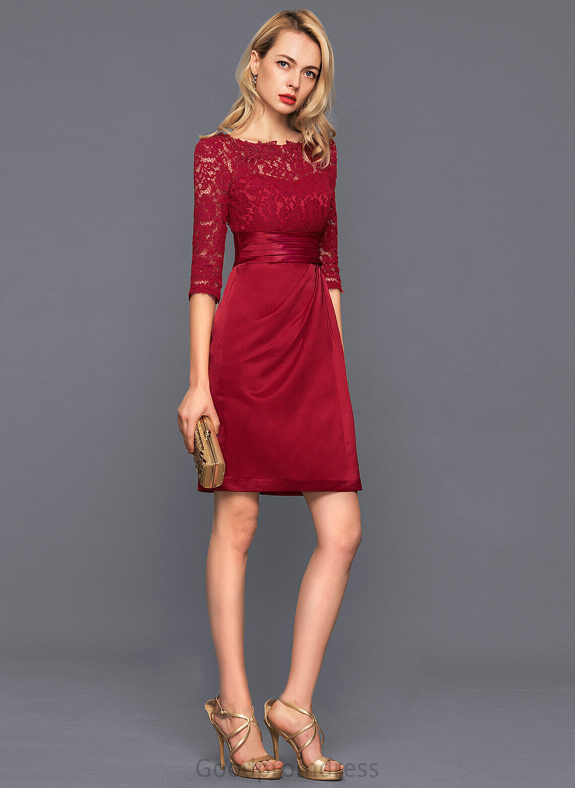 Cocktail Dresses Neck Dress Scoop Lace Ruffle Satin Cocktail With Karli Knee-Length Sheath/Column