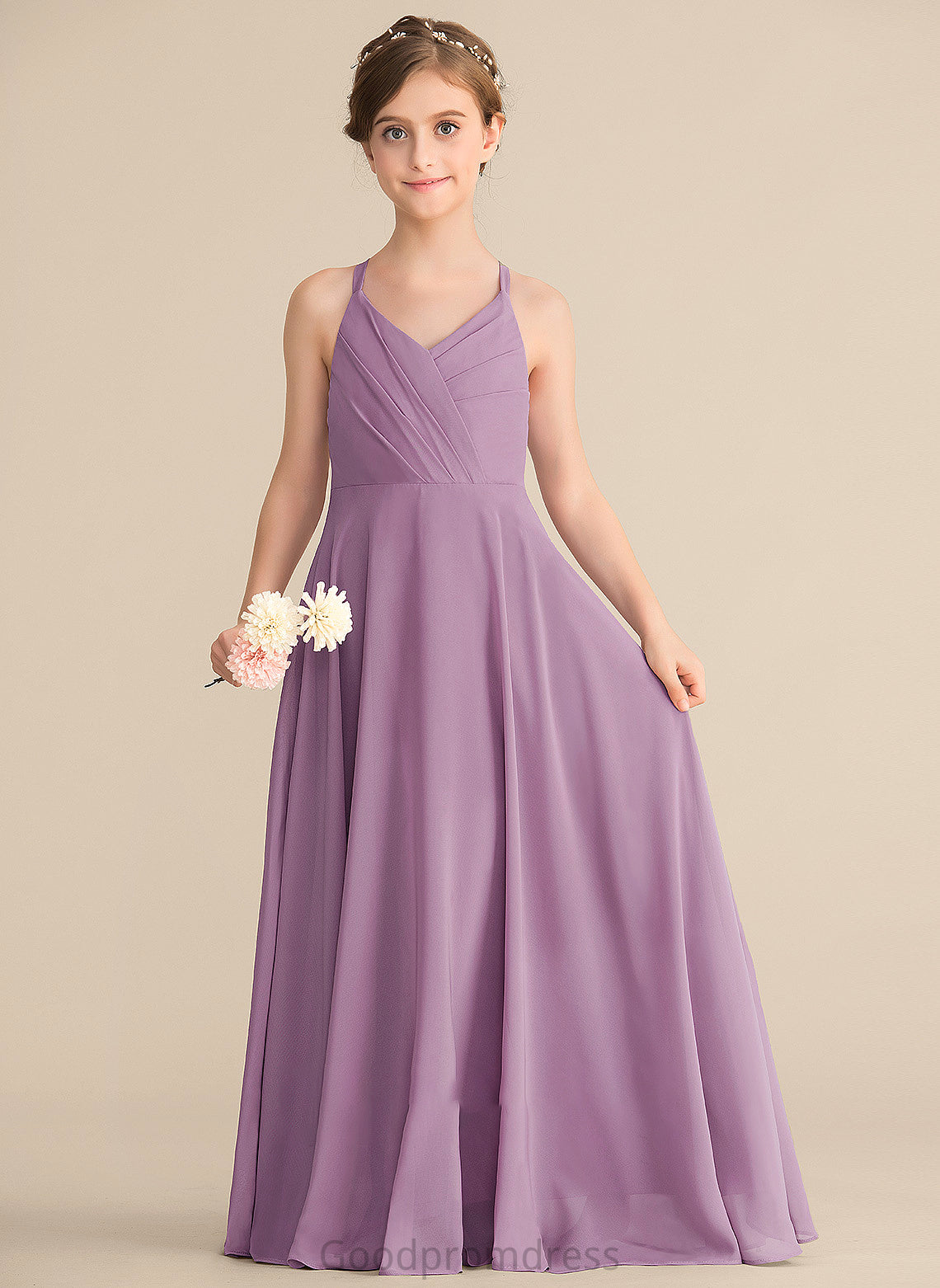 Floor-Length Junior Bridesmaid Dresses Chiffon A-Line Anya Cascading Ruffles With V-neck