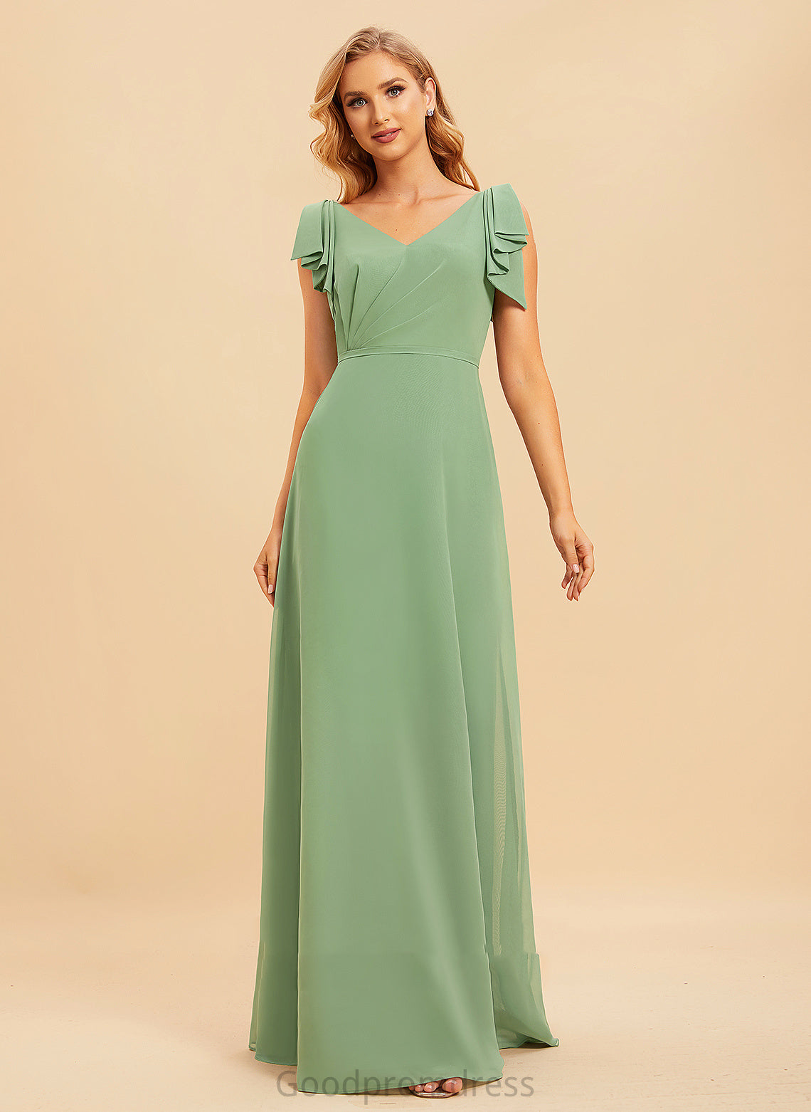 Ruffle Length Fabric Floor-Length Neckline Silhouette V-neck Embellishment A-Line Sibyl Floor Length Spaghetti Staps Bridesmaid Dresses