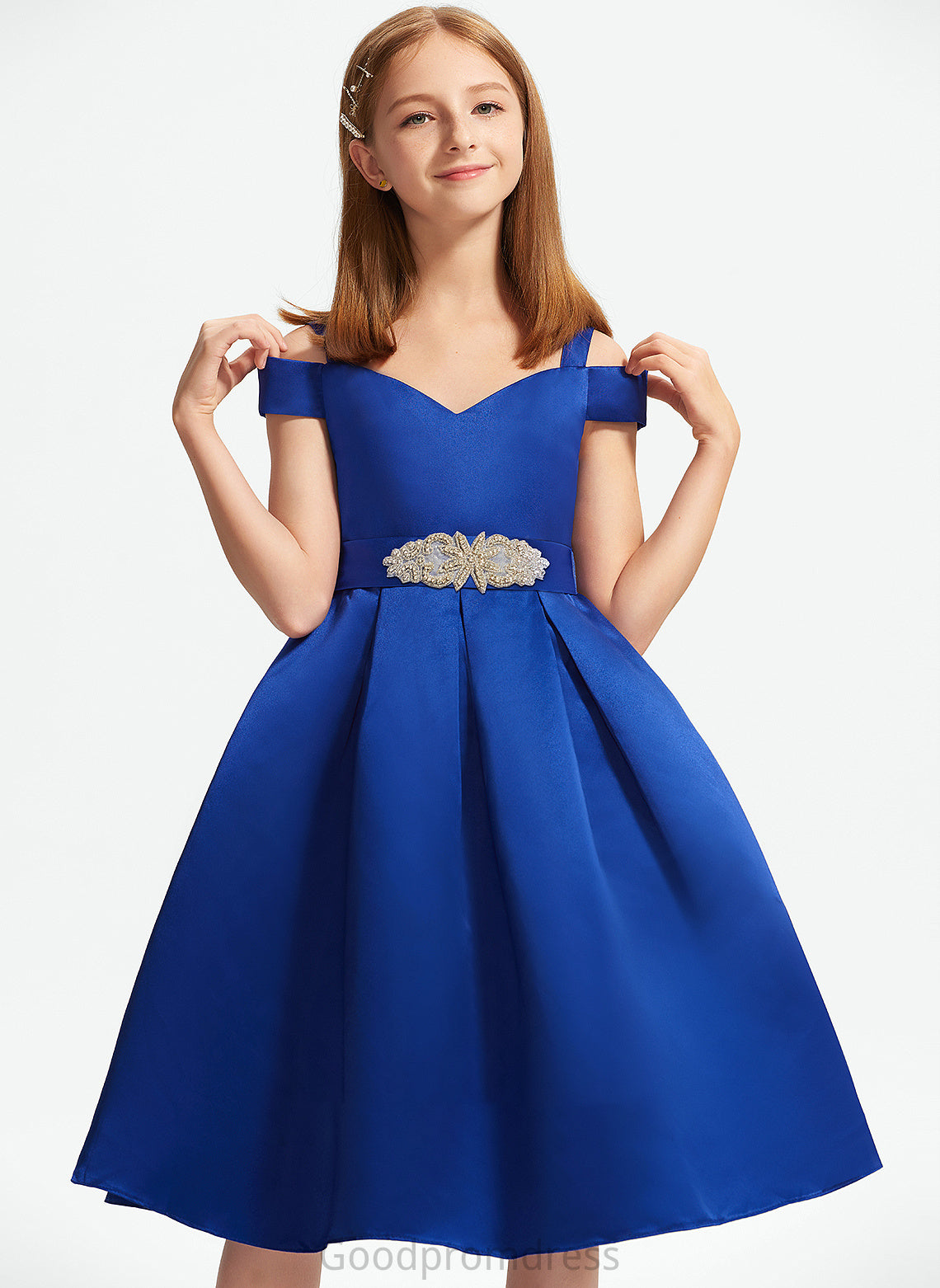 Off-the-Shoulder Satin With A-Line Junior Bridesmaid Dresses Bow(s) Ashly Beading Knee-Length