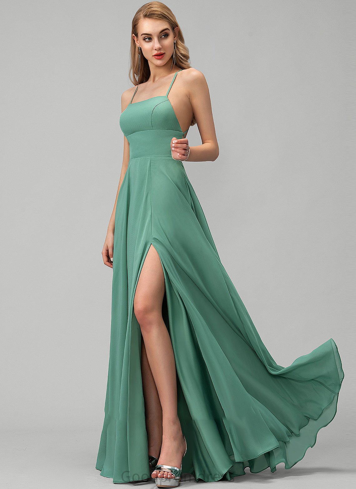 Floor-Length Length A-Line SplitFront Embellishment Fabric Silhouette SquareNeckline Pockets Neckline Willa Sleeveless Bridesmaid Dresses