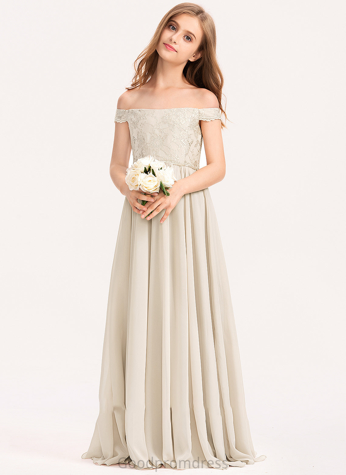 Lace Junior Bridesmaid Dresses Off-the-Shoulder Pamela A-Line Floor-Length Chiffon