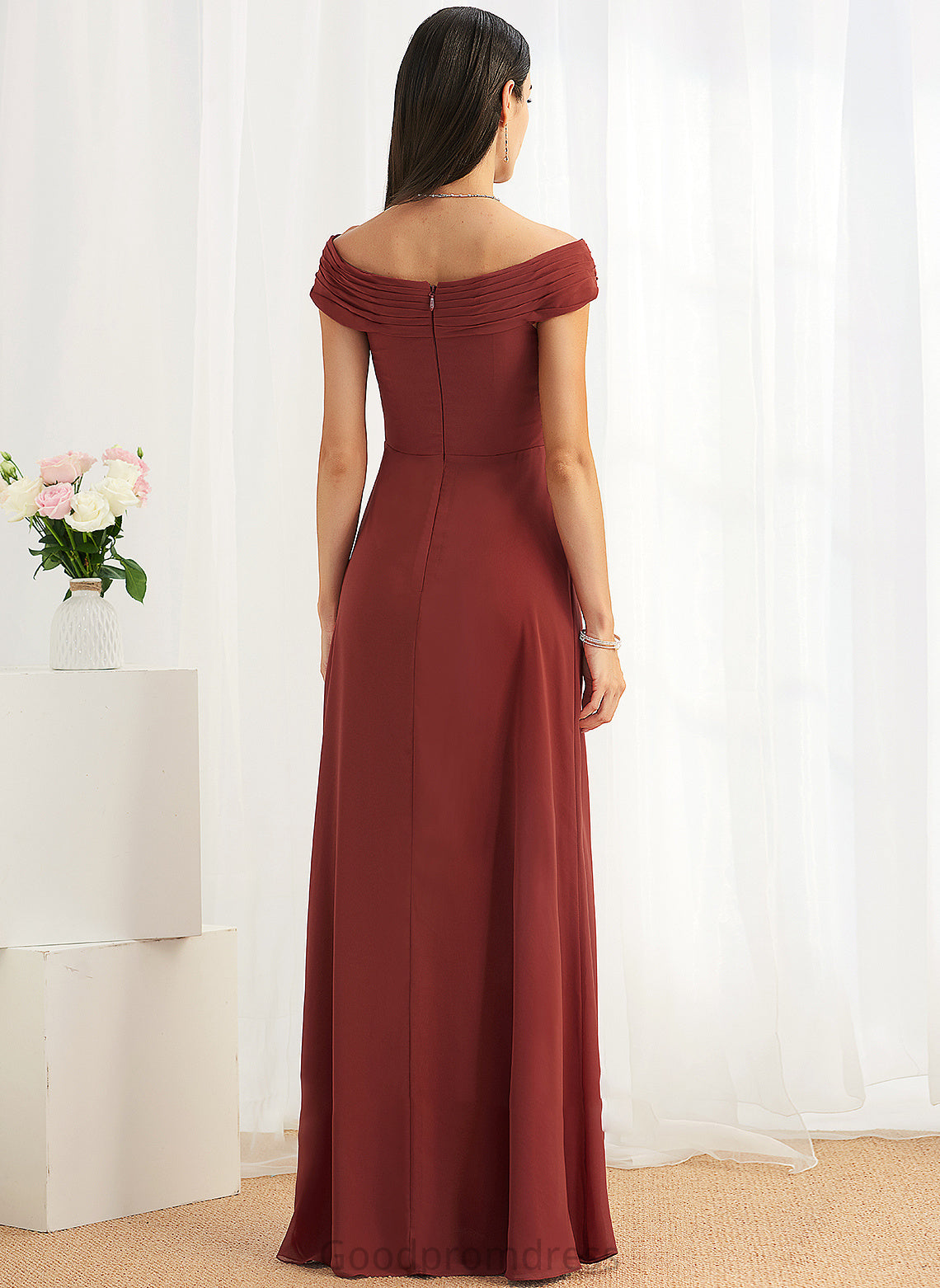 Length Ruffle Silhouette Sheath/Column Embellishment Off-the-Shoulder Fabric Floor-Length Neckline Jamie A-Line/Princess Sleeveless Bridesmaid Dresses