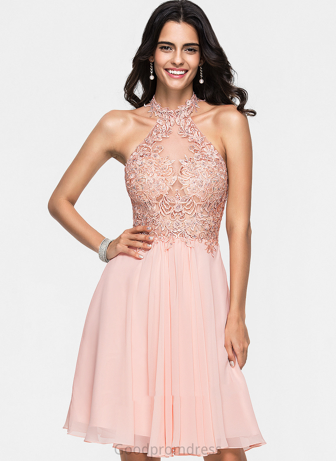 Chiffon Dress Beading Halter With Knee-Length Homecoming Lace Homecoming Dresses A-Line Madisyn