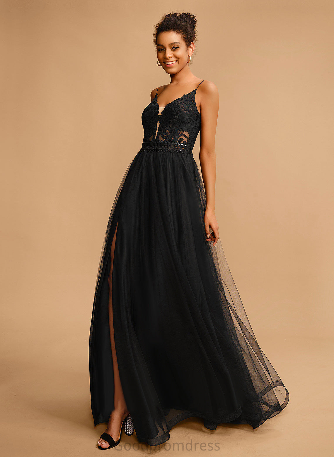 Floor-Length Tulle Sequins With Ball-Gown/Princess V-neck Lace Jazlynn Prom Dresses