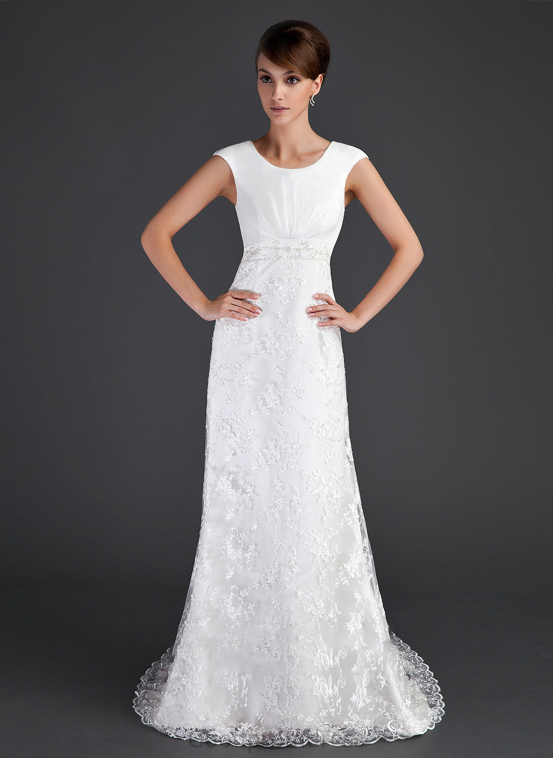 Scoop With Shania Lace Neck Train Beading Wedding Sheath/Column Ruffle Dress Wedding Dresses Court