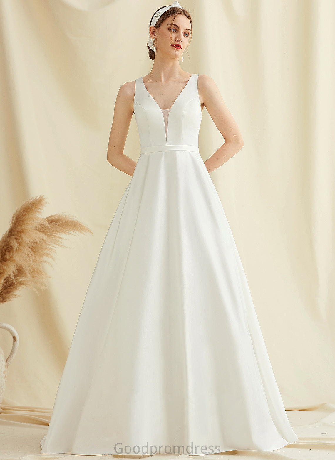 Lace Sweep Train V-neck Pockets With Wedding Dresses Ball-Gown/Princess Satin Rita Dress Wedding