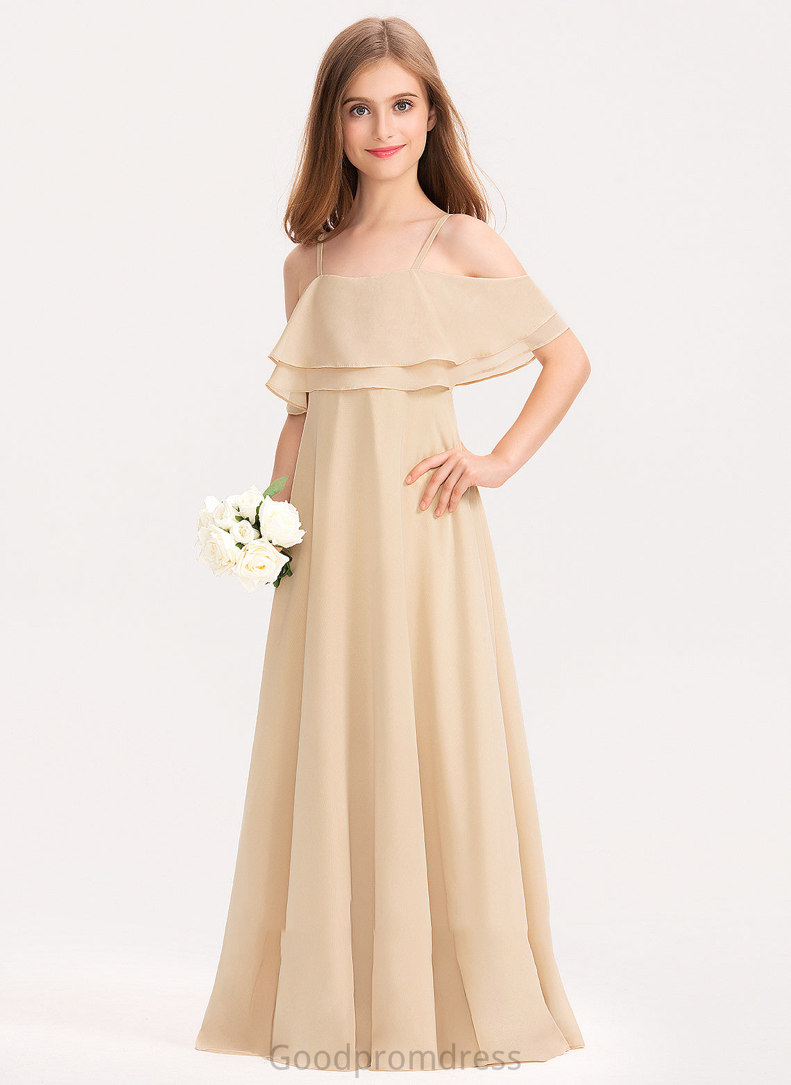 Ruffles A-Line Cascading Floor-Length Off-the-Shoulder Junior Bridesmaid Dresses Tiffany With Chiffon