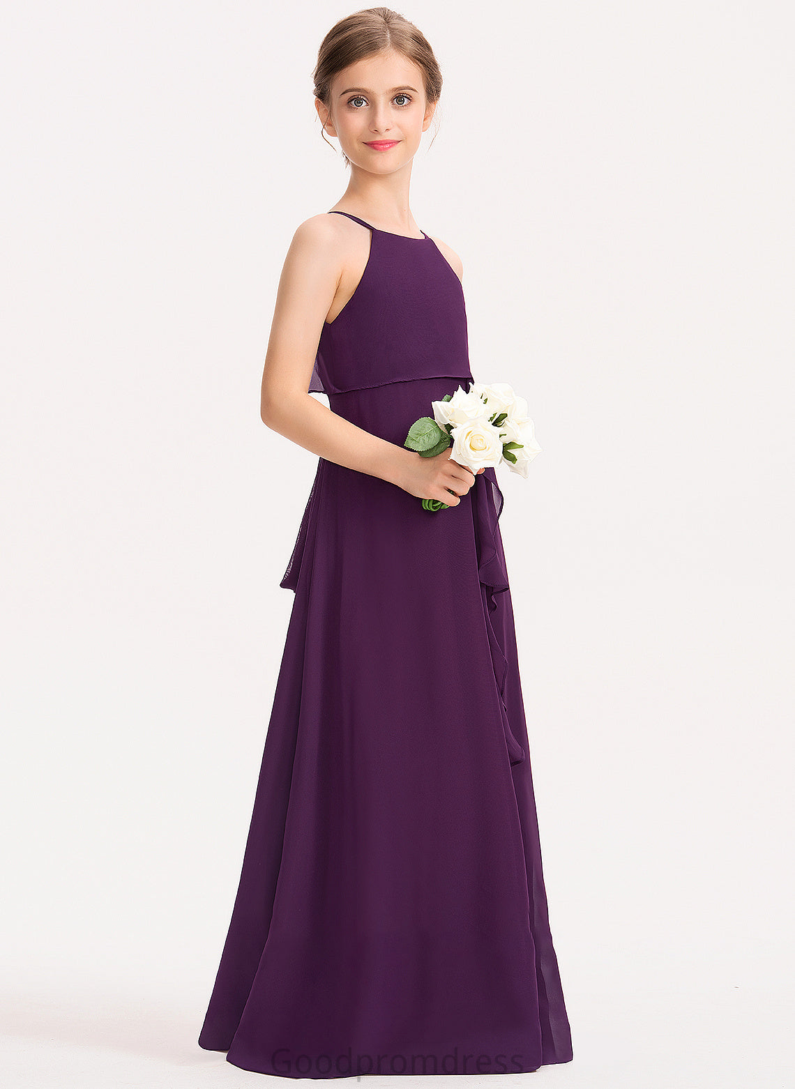 A-Line Cascading Chiffon Bow(s) Annika Scoop Ruffles Neck Junior Bridesmaid Dresses Floor-Length With