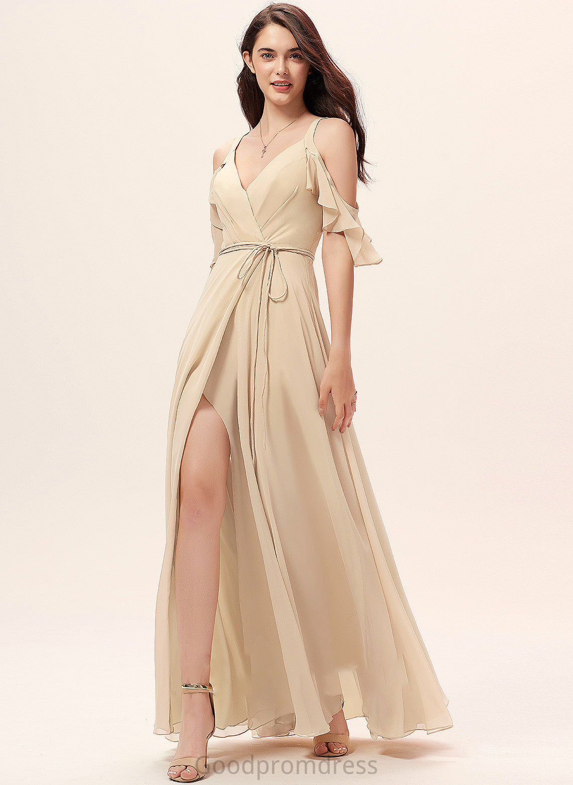 Floor-Length SplitFront V-neck Ruffle Length Fabric A-Line Silhouette Neckline Embellishment Reese Natural Waist Bridesmaid Dresses