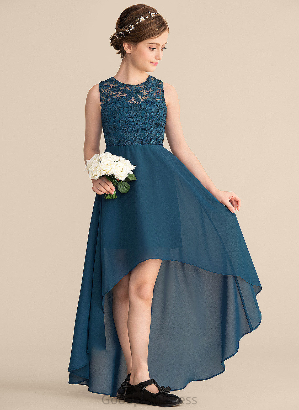 Junior Bridesmaid Dresses Scoop Lace Neck Asymmetrical Nicky A-Line Chiffon