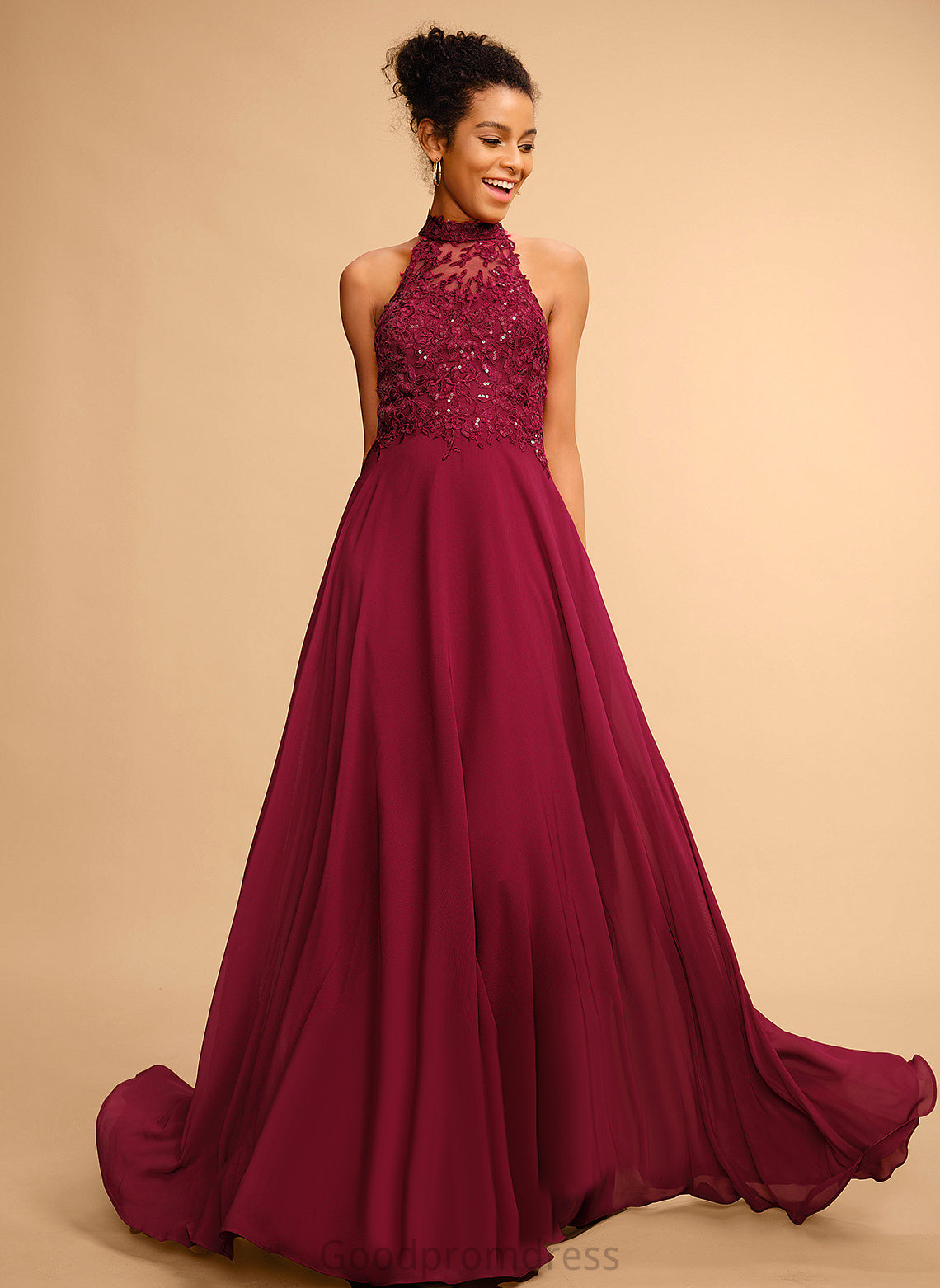 Lana With Lace Prom Dresses A-Line Chiffon Floor-Length Halter Sequins