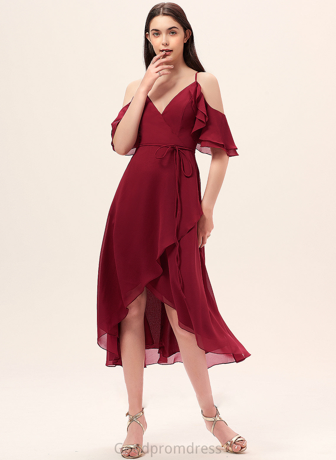 Neckline Embellishment Silhouette Length CascadingRuffles V-neck A-Line Fabric Asymmetrical Cloe Tulle Half Sleeves Bridesmaid Dresses