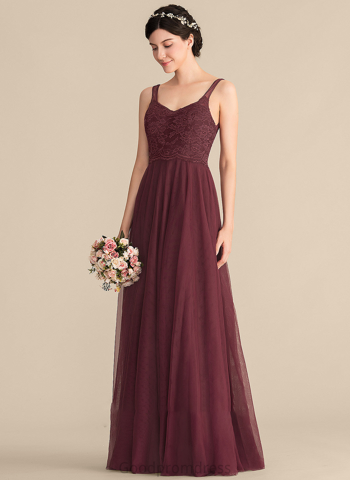 Silhouette Straps Neckline Lace Tulle Length Floor-Length A-Line V-neck Fabric Poll Spaghetti Staps Bridesmaid Dresses