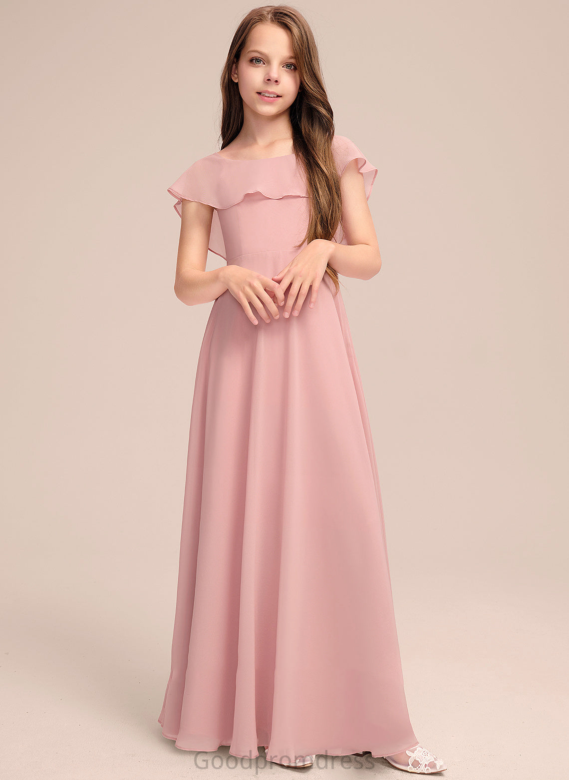 Floor-Length Scoop Mabel With Neck Cascading Junior Bridesmaid Dresses A-Line Ruffles Chiffon