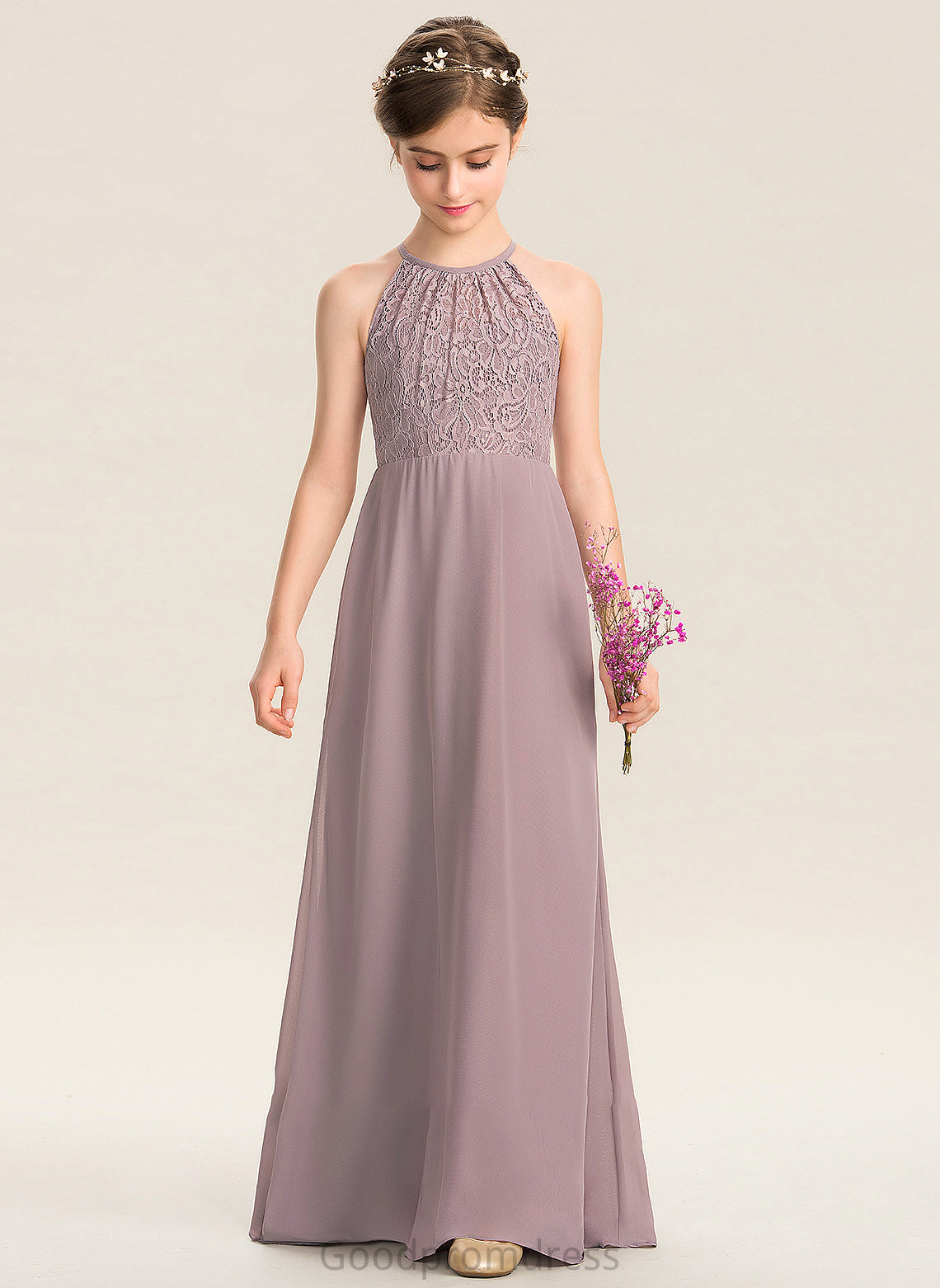 Junior Bridesmaid Dresses Thalia A-LineScoopNeckFloor-LengthChiffonLaceJuniorBridesmaidDressWithRuffle#173272