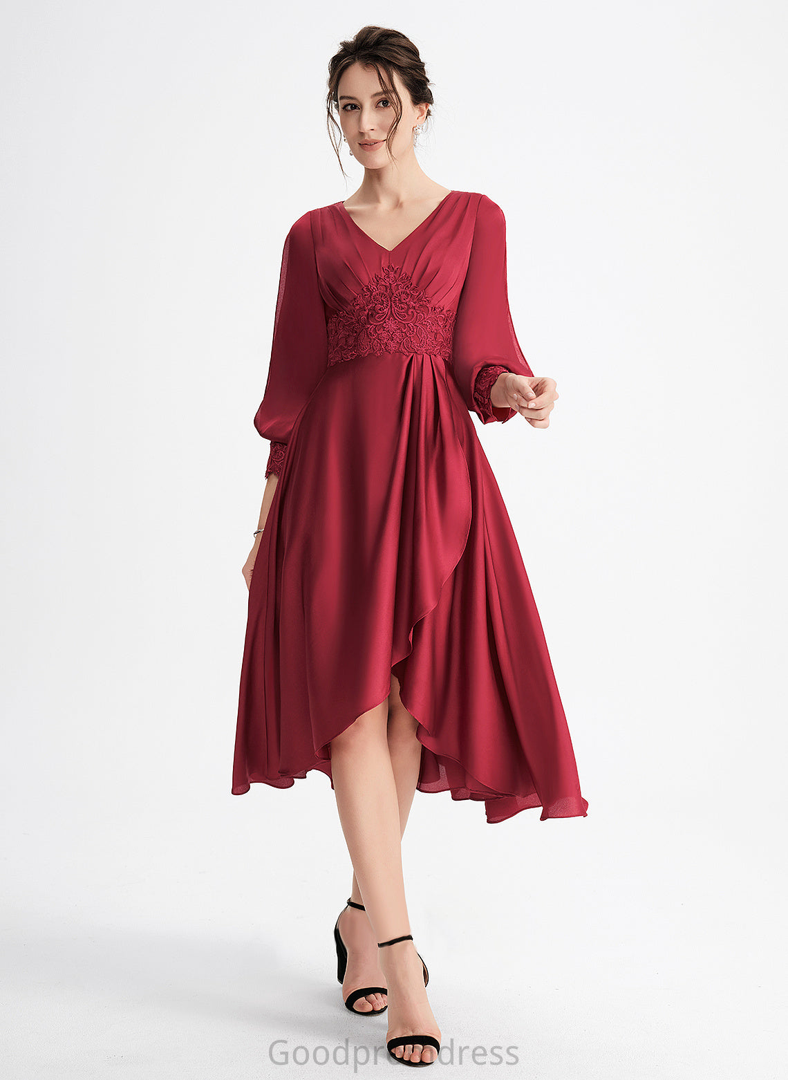 Cocktail Dresses A-Line Asymmetrical Cocktail Shayla Lace V-neck Dress Satin With