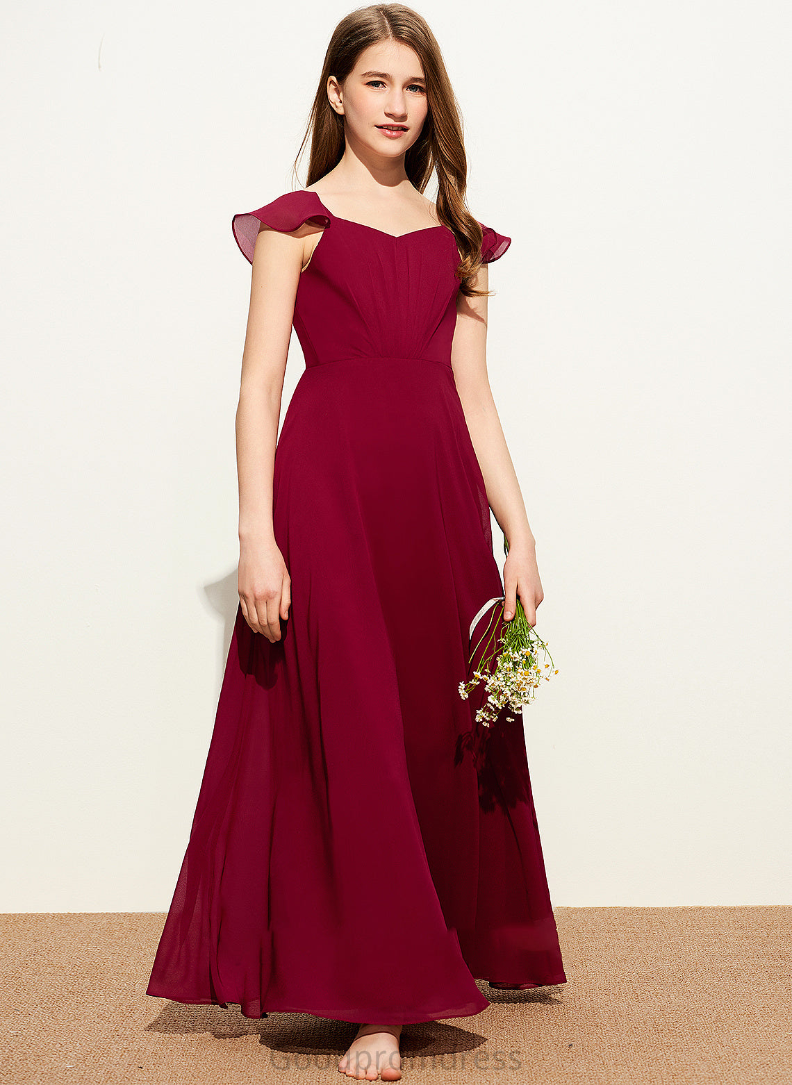 Junior Bridesmaid Dresses With Lilah Chiffon V-neck Ruffle Floor-Length A-Line