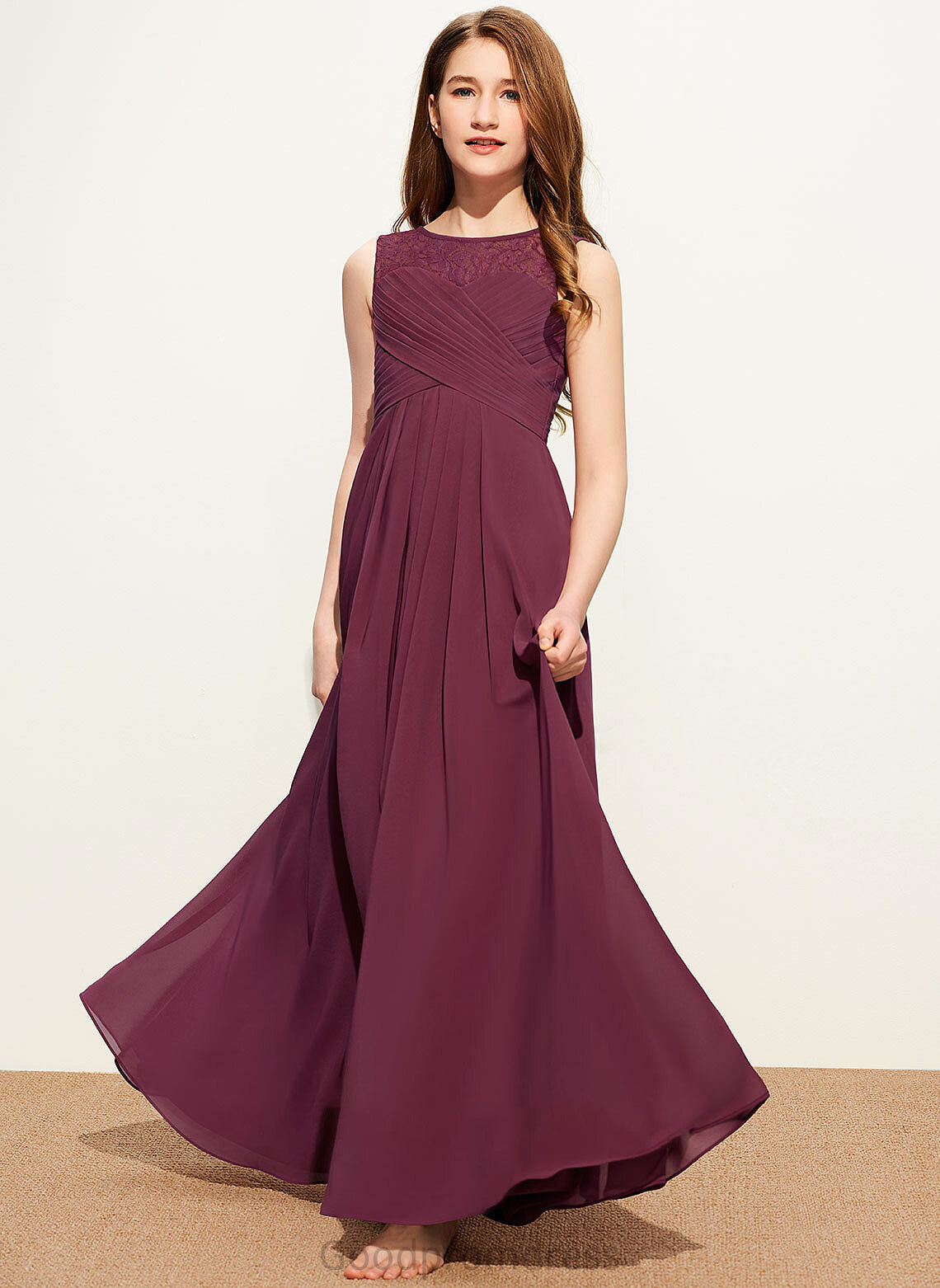 Chiffon With Lace Junior Bridesmaid Dresses Ruffle Jadyn Bow(s) Scoop Floor-Length A-Line Neck