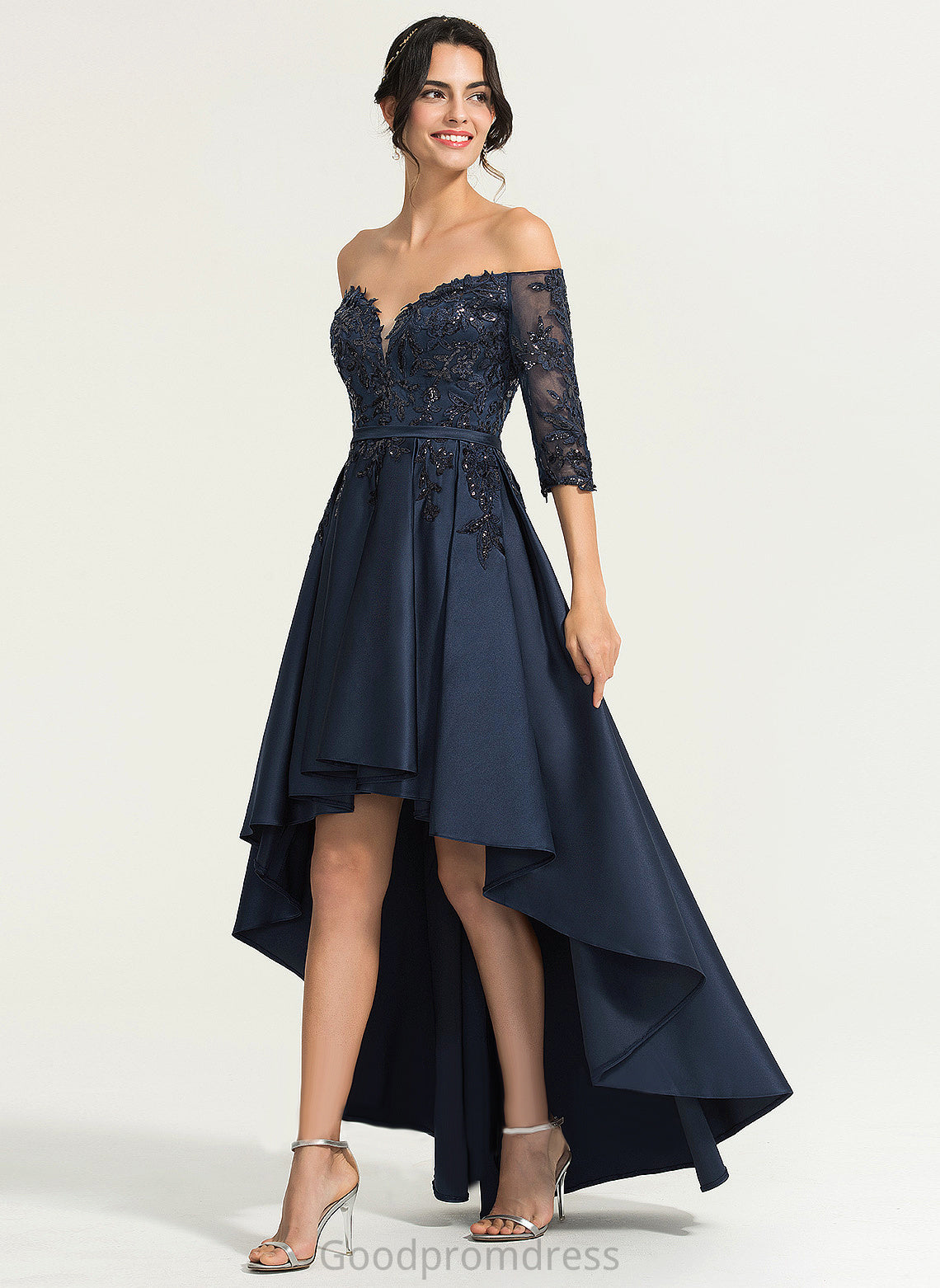 Sequins With Prom Dresses Satin Setlla Lace A-Line Off-the-Shoulder Asymmetrical