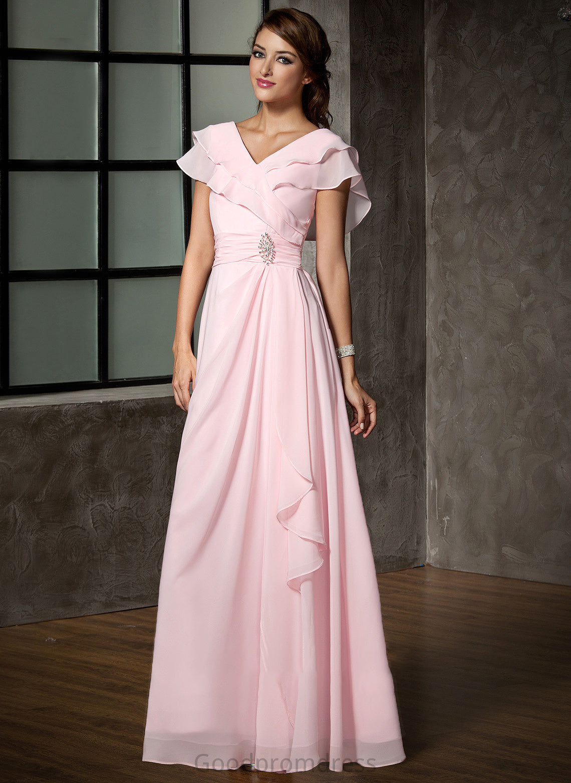 A-Line V-neck Floor-Length Dress Crystal Ruffles With Brooch Lillianna Bride Mother Mother of the Bride Dresses Chiffon Cascading of the