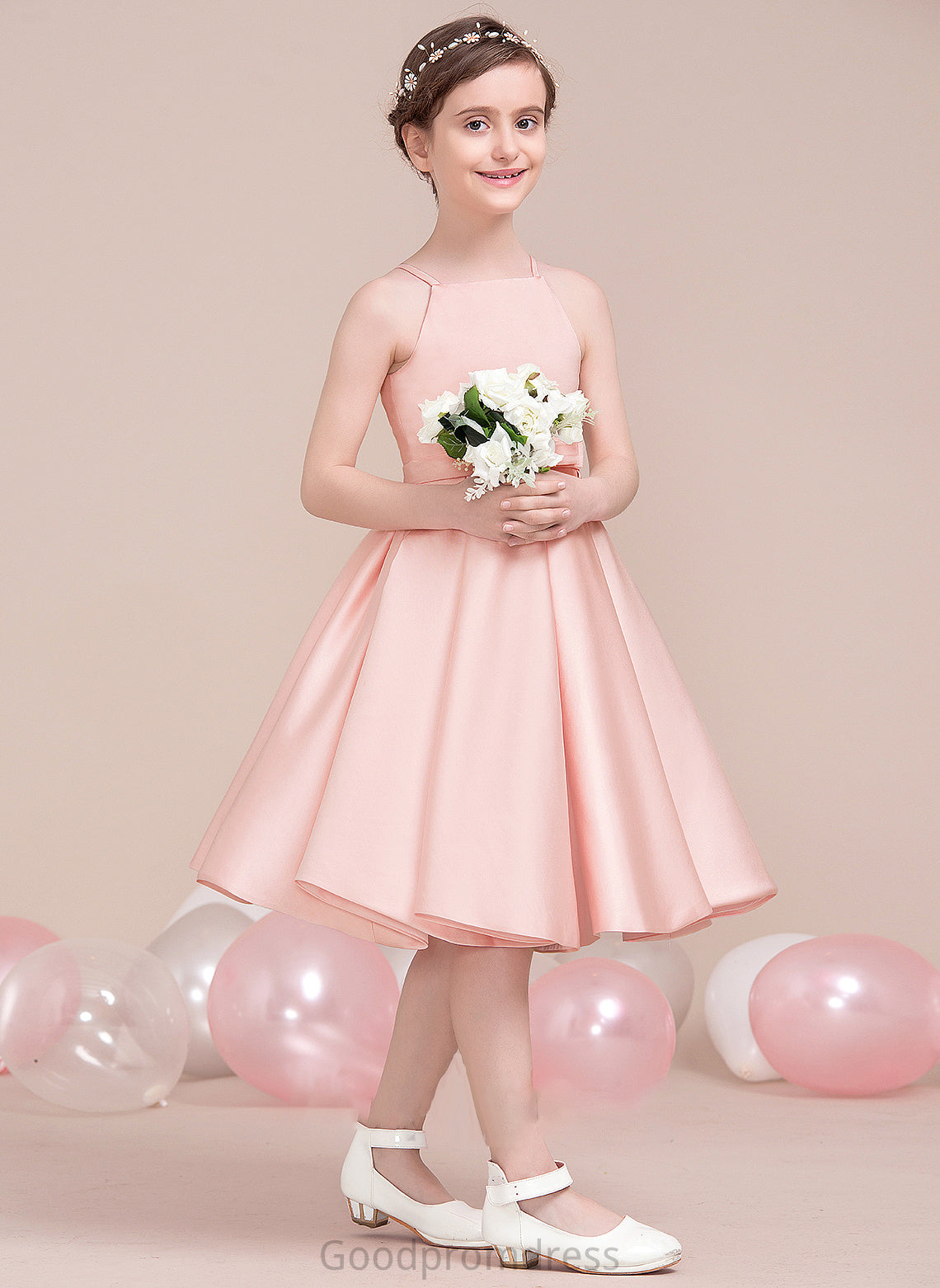 Knee-Length Square Jaida Bow(s) Satin Junior Bridesmaid Dresses A-Line With Neckline