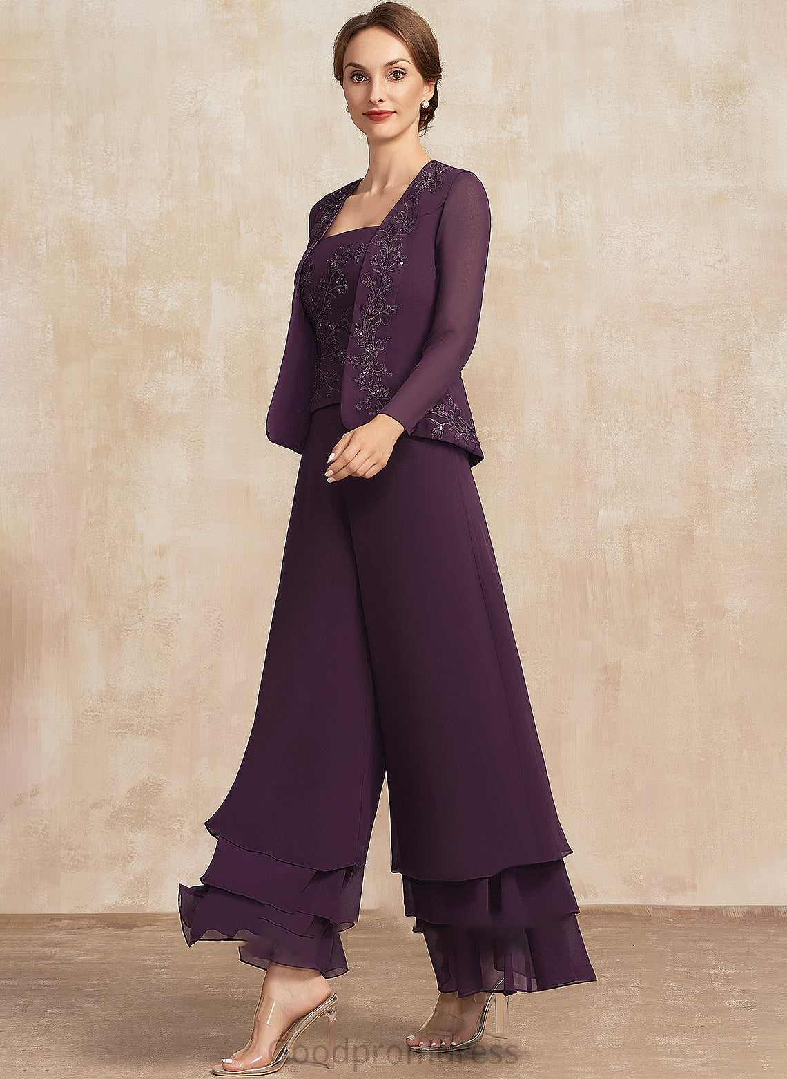 of Jumpsuit/Pantsuit Neckline the Mother of the Bride Dresses Annalise Ankle-Length Sequins Bride Square With Mother Chiffon Dress Lace