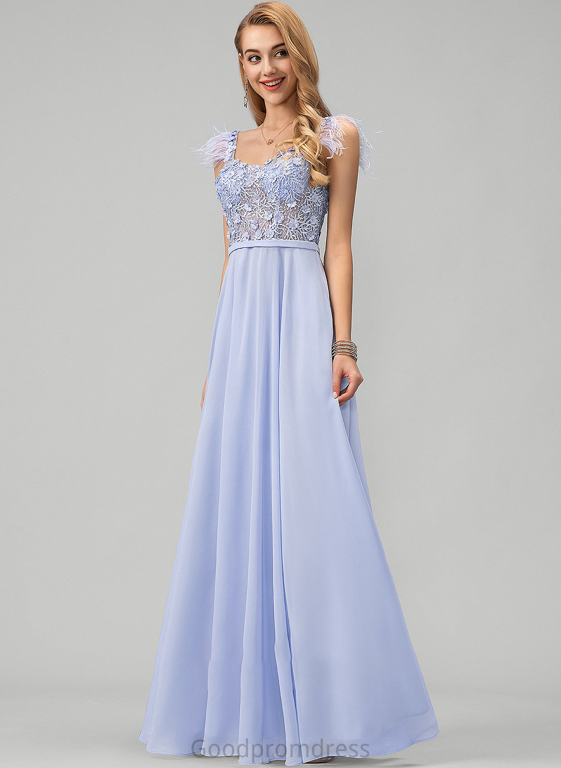 Flower(s) V-neck Beading Brielle Feather Sequins Lace Prom Dresses A-Line With Chiffon Floor-Length