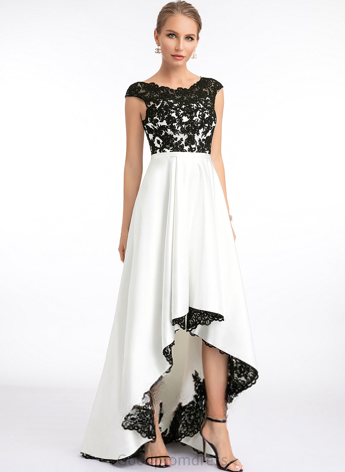 Lace Satin Asymmetrical Scoop Prom Dresses Blanche A-Line Illusion