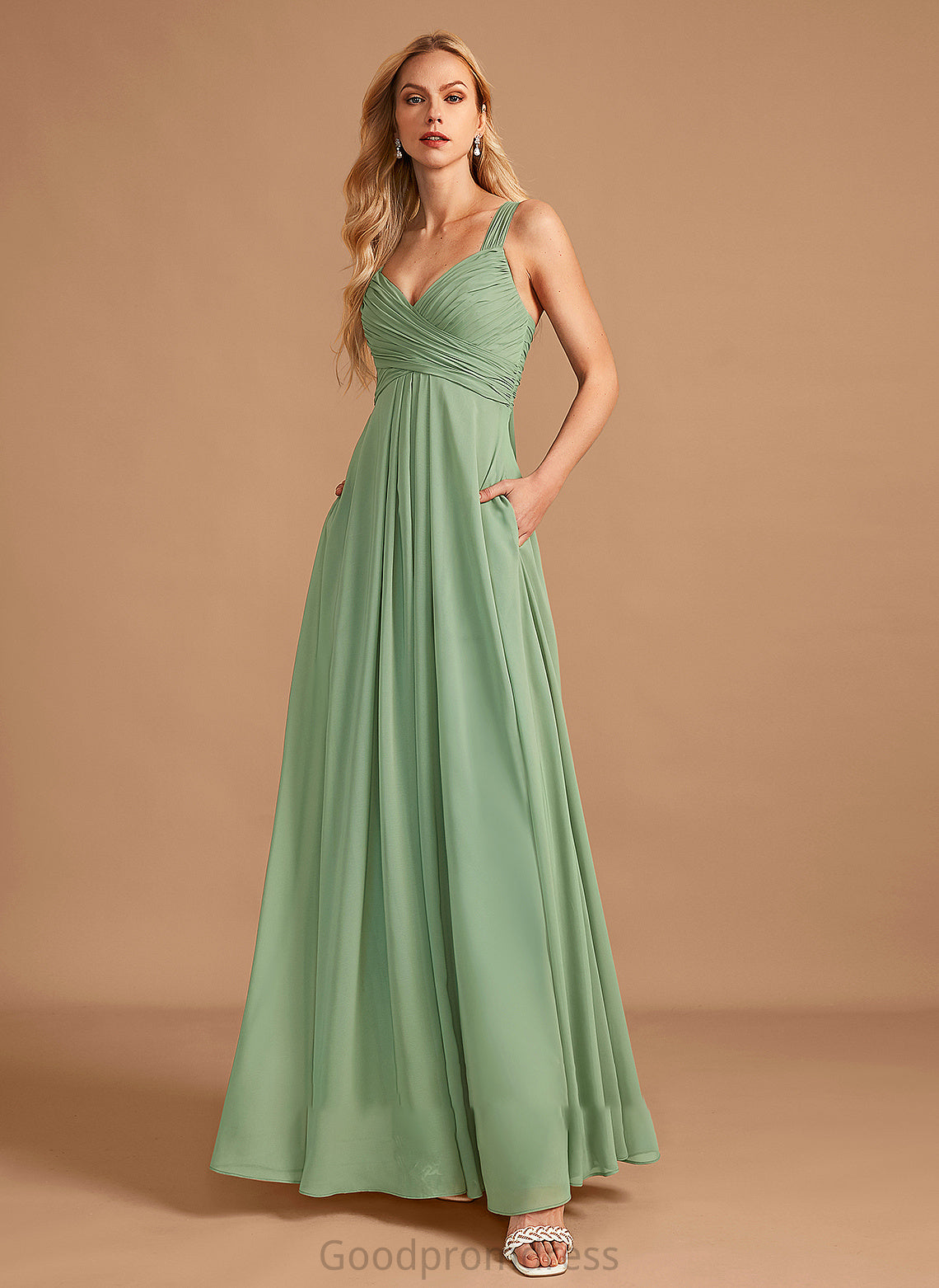 Length Embellishment V-neck A-Line Floor-Length Ruffle Neckline Silhouette Fabric Jillian Bridesmaid Dresses