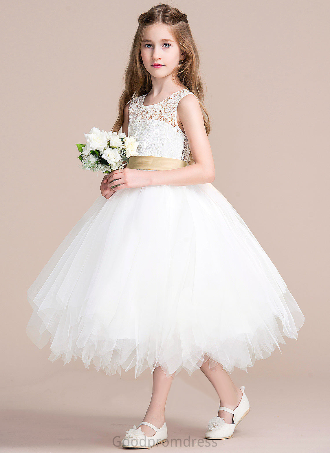 Dress Myla Tulle/Lace (Detachable Tea-length - Hole Neck Flower Girl Dresses Scoop Flower A-Line Sleeveless Sash/Back Girl With sash)