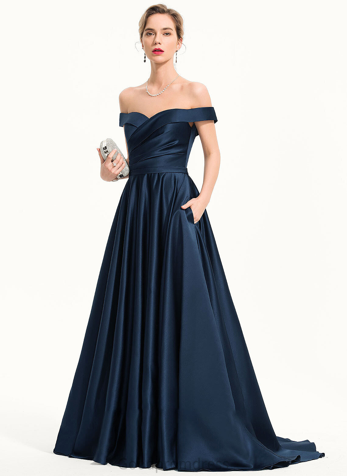 A-Line Prom Dresses With Satin Sweep Train Off-the-Shoulder Pockets Aria