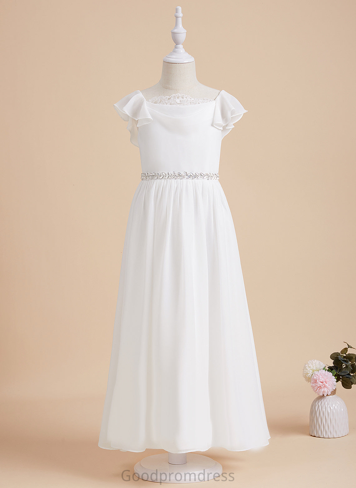 Neck Scoop Beading A-Line Flower Girl Dresses - Girl Ankle-length Flower Ansley Short With Chiffon/Lace Dress Sleeves